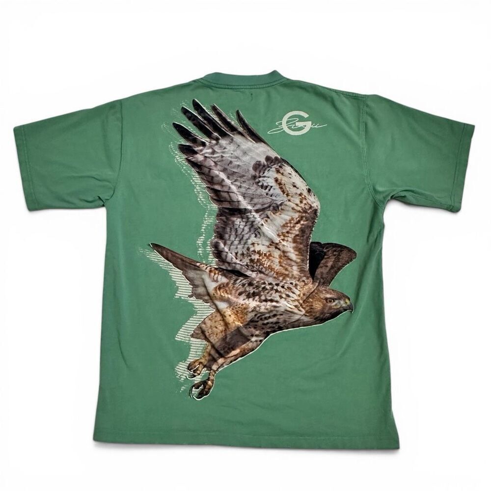 Gunzinii Denim & Co Eagle Graphic Tee Green Distressed Appliqué Shirt Size M
